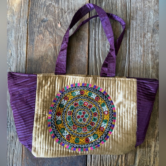 Handbags - Handcrafted Purple and Gold Embroidered Tote Bag from India